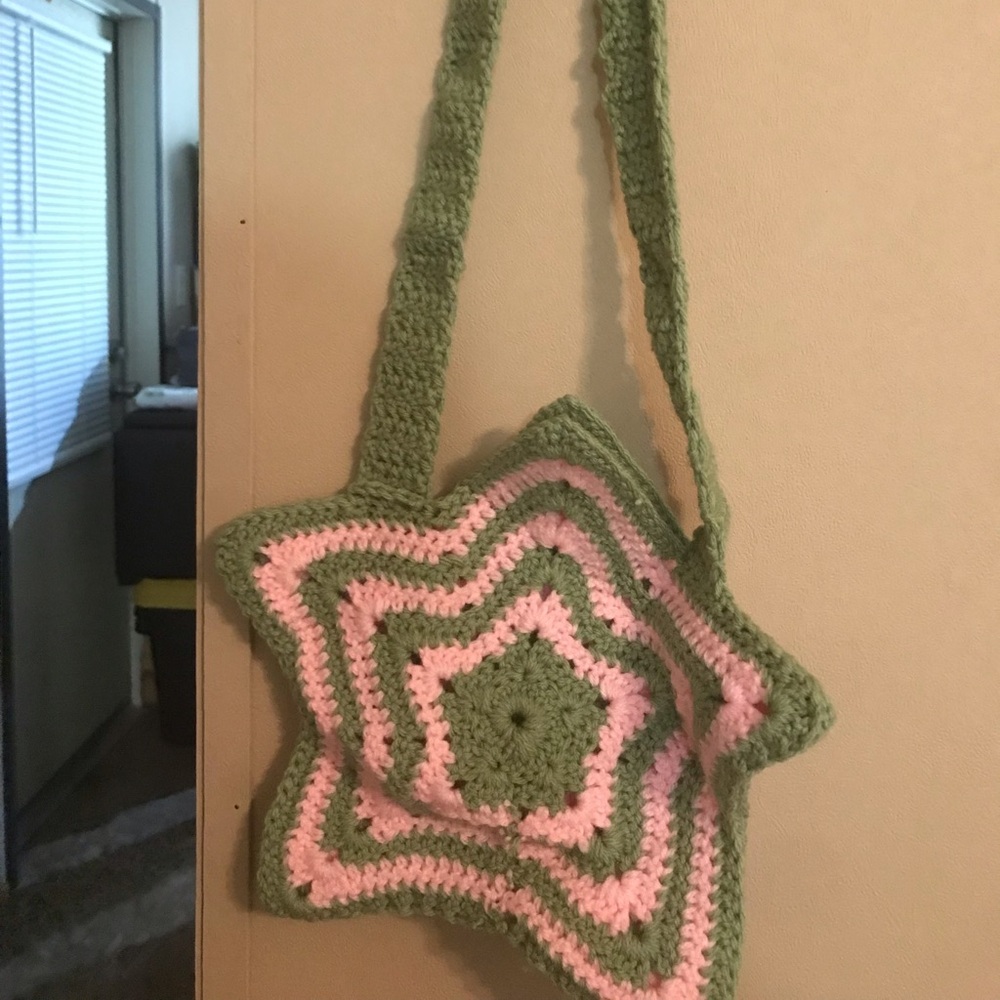 Hand Crochet pink and green star bag
